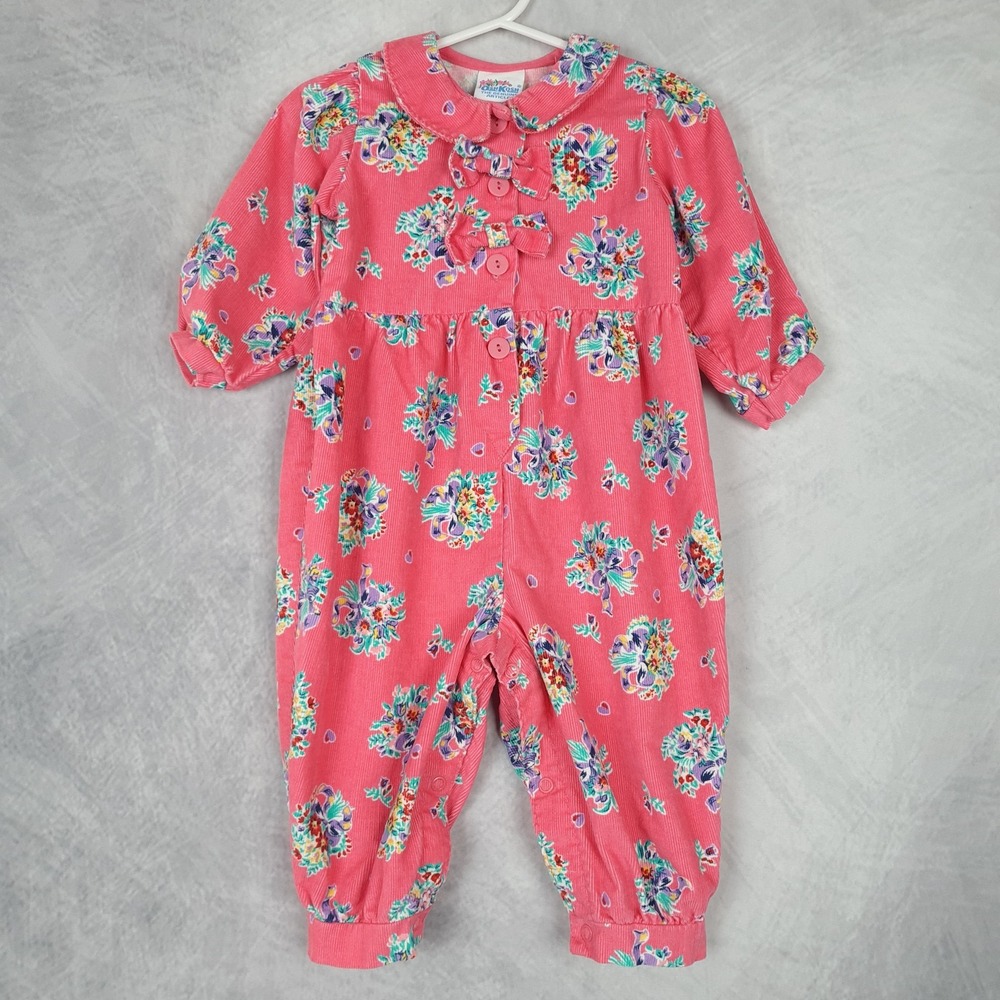 Vintage OshKosh Romper Coveralls Baby Girls 12M Pink Floral Corduroy Bow USA 90s